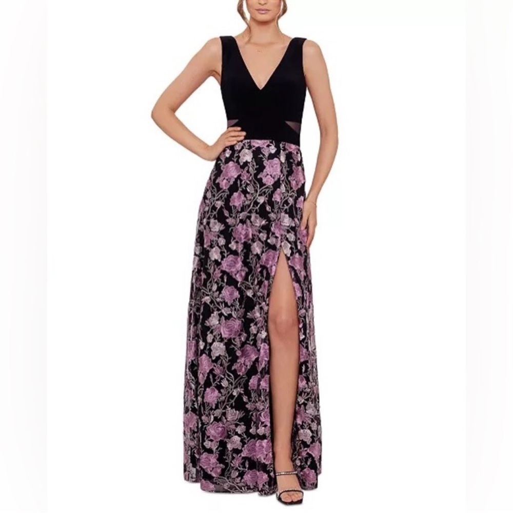 Xscape Floral Embroidered Front Slit Sleeveless Gown Maxi Dress Black + Pink 14